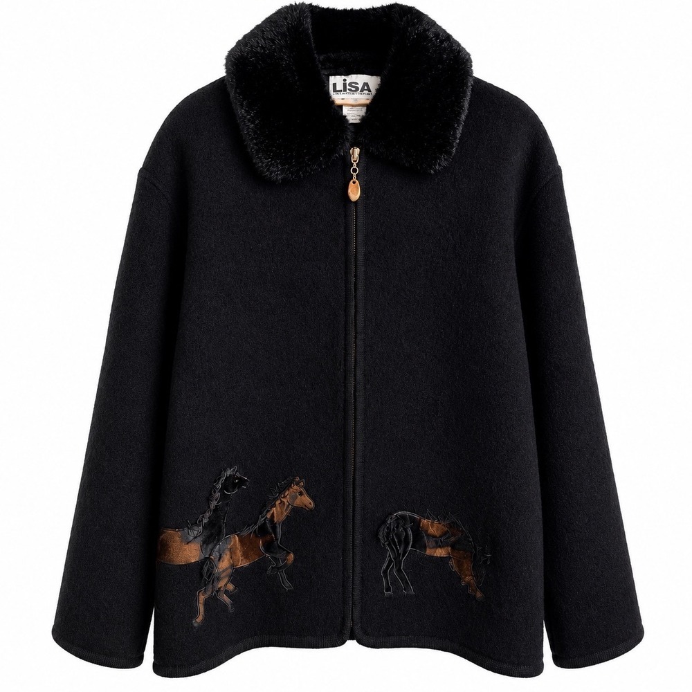 Vintage Boiled Wool Horse Appliqué Jacket Faux Fur Collar Equestrian Western M